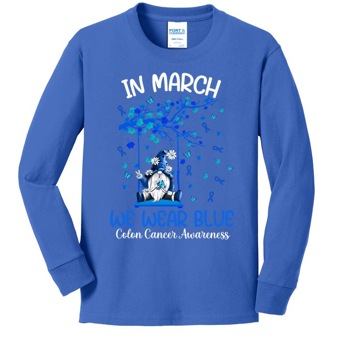 Gnome In March We Wear Blue Clothing Colon Cancer Awareness Gift Kids Long Sleeve Shirt