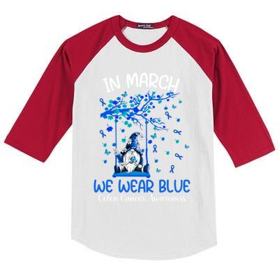 Gnome In March We Wear Blue Clothing Colon Cancer Awareness Gift Kids Colorblock Raglan Jersey