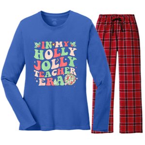 Groovy In My Holly Xmas Jolly Teacher Era Christmas Vibes Gift Women's Long Sleeve Flannel Pajama Set 