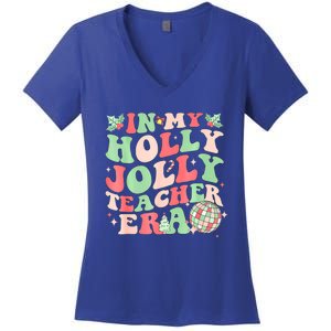 Groovy In My Holly Xmas Jolly Teacher Era Christmas Vibes Gift Women's V-Neck T-Shirt