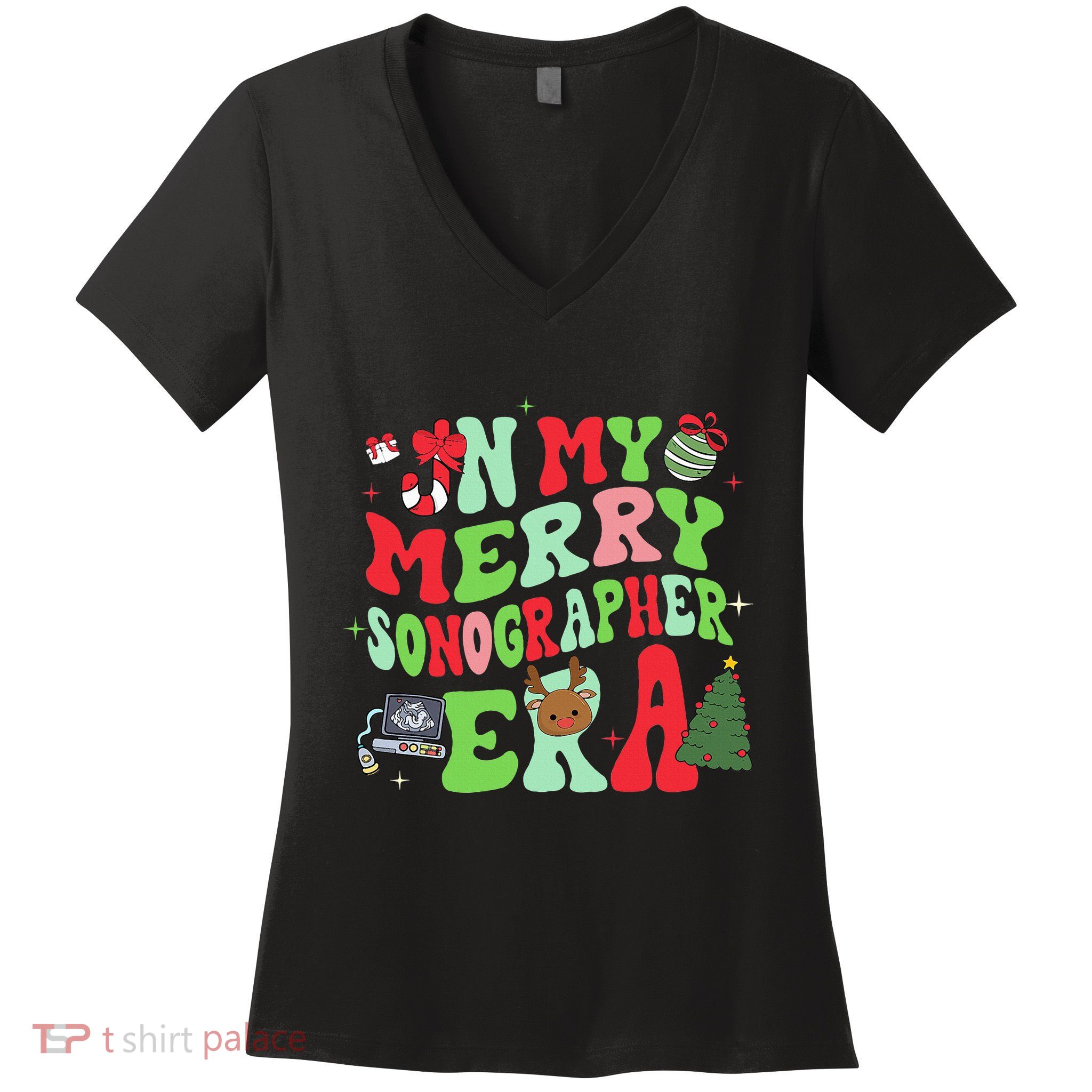 Groovy In My Merry Sonographer Era Christmas  Women's V-Neck T-Shirt