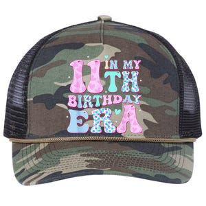 Groovy In My 11th Birthday Era Eleven 11 Years Old Birthday Retro Rope Trucker Hat Cap