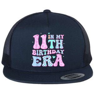 Groovy In My 11th Birthday Era Eleven 11 Years Old Birthday Flat Bill Trucker Hat