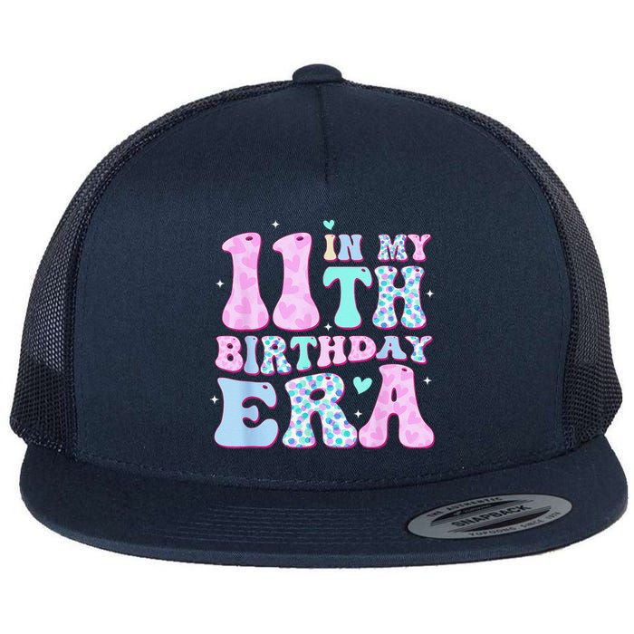 Groovy In My 11th Birthday Era Eleven 11 Years Old Birthday Flat Bill Trucker Hat