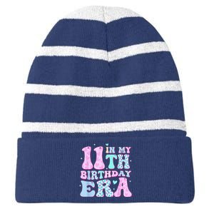 Groovy In My 11th Birthday Era Eleven 11 Years Old Birthday Striped Beanie with Solid Band