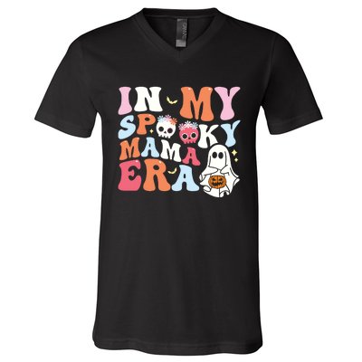 Groovy In My Spooky Mama Era Ghost Halloween Floral Mom V-Neck T-Shirt