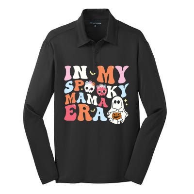 Groovy In My Spooky Mama Era Ghost Halloween Floral Mom Silk Touch Performance Long Sleeve Polo