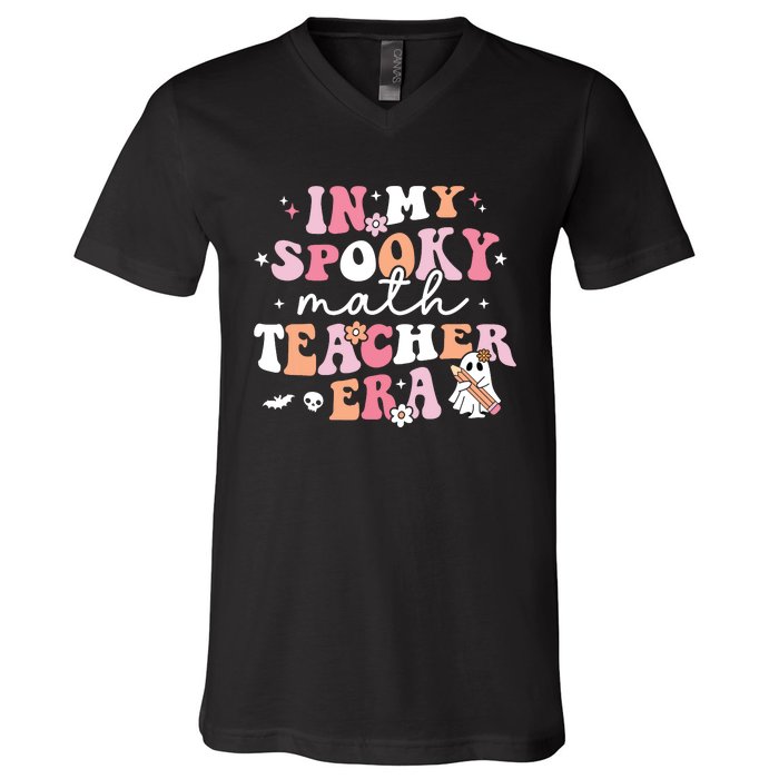 Groovy In My Spooky Math Teacher Era Ghost Funny Halloween V-Neck T-Shirt