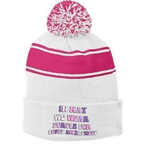 Groovy In May We Wear Purple Lupus Awareness Month Stripe Pom Pom Beanie