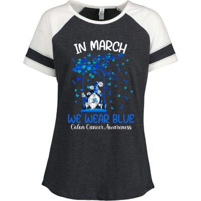 Gnome In March We Wear Blue Clothing Colon Cancer Awareness Gift Enza Ladies Jersey Colorblock Tee