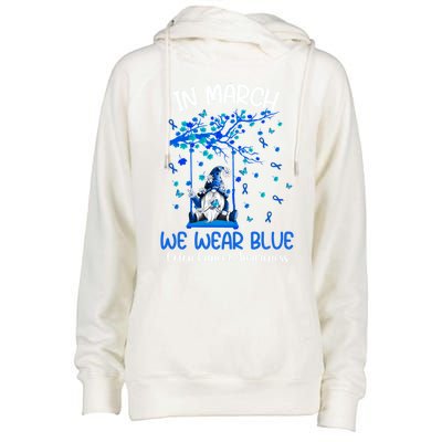 Gnome In March We Wear Blue Clothing Colon Cancer Awareness Gift Womens Funnel Neck Pullover Hood