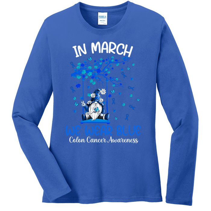 Gnome In March We Wear Blue Clothing Colon Cancer Awareness Gift Ladies Long Sleeve Shirt