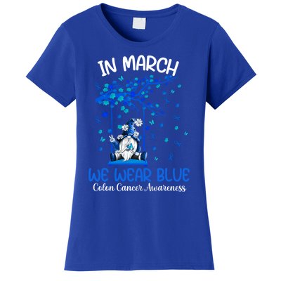 Gnome In March We Wear Blue Clothing Colon Cancer Awareness Gift Women's T-Shirt