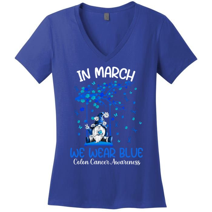 Gnome In March We Wear Blue Clothing Colon Cancer Awareness Gift Women's V-Neck T-Shirt