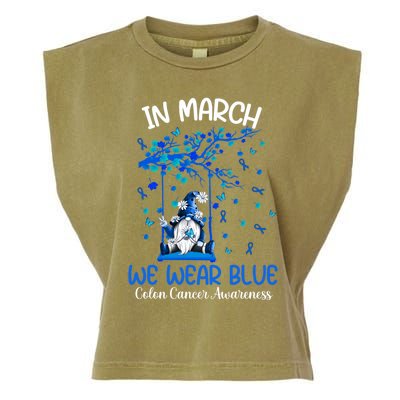 Gnome In March We Wear Blue Clothing Colon Cancer Awareness Gift Garment-Dyed Women's Muscle Tee