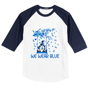 Gnome In March We Wear Blue Clothing Colon Cancer Awareness Gift Baseball Sleeve Shirt