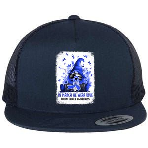 Gnome In March We Wear Blue Ribbon Colon Cancer Awareness Cute Gift Flat Bill Trucker Hat