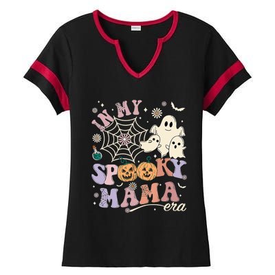 Groovy In My Spooky Mama Era Ghost Pumpkin Halloween Wo Ladies Halftime Notch Neck Tee