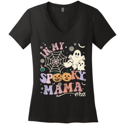 Groovy In My Spooky Mama Era Ghost Pumpkin Halloween Wo Women's V-Neck T-Shirt