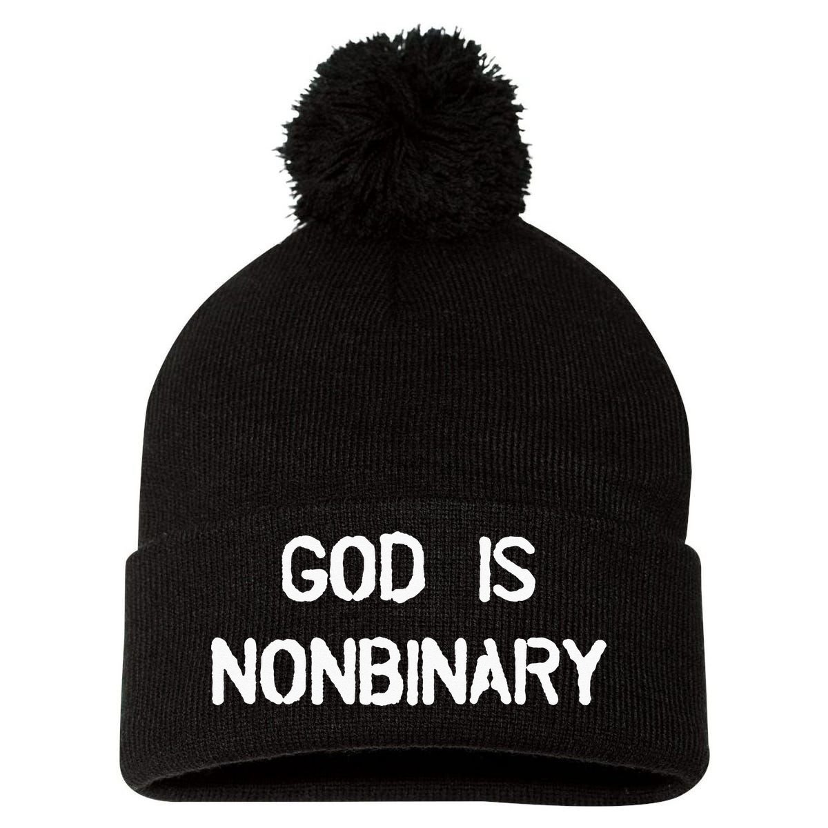 God Is Nonbinary Pom Pom 12in Knit Beanie