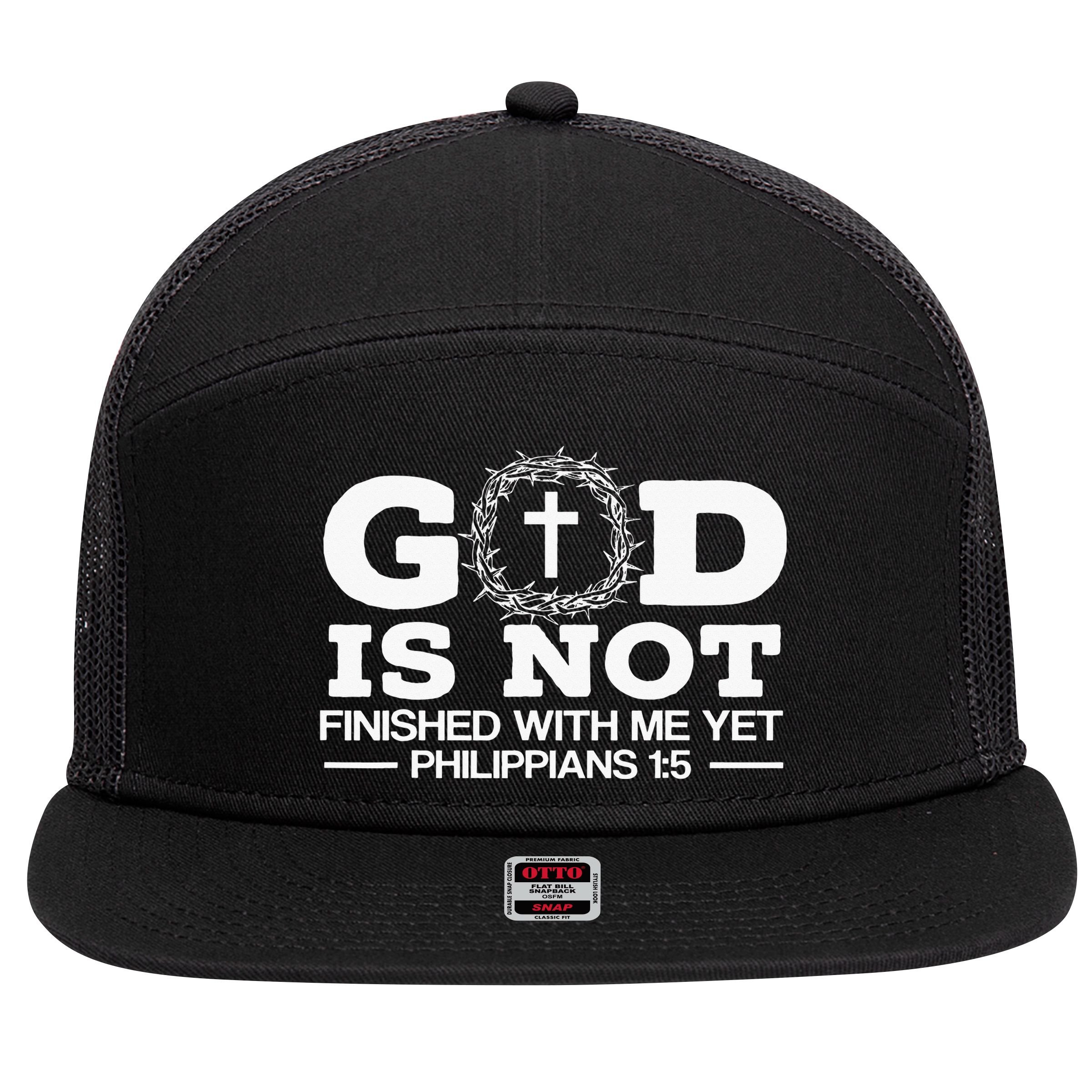 God Is Not Finished With Me Yet Christian Religious 7 Panel Mesh Trucker Snapback Hat