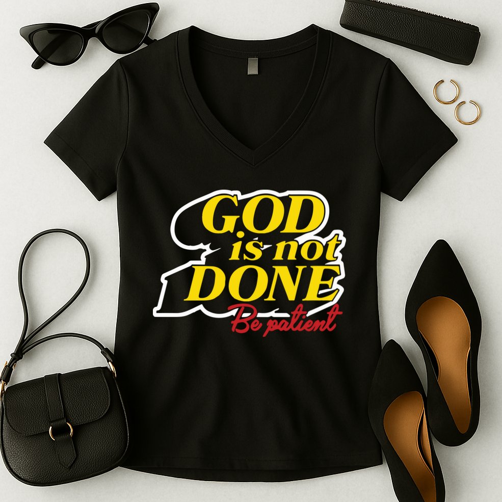 God Is Not Done Be Patient Women's V-Neck T-Shirt