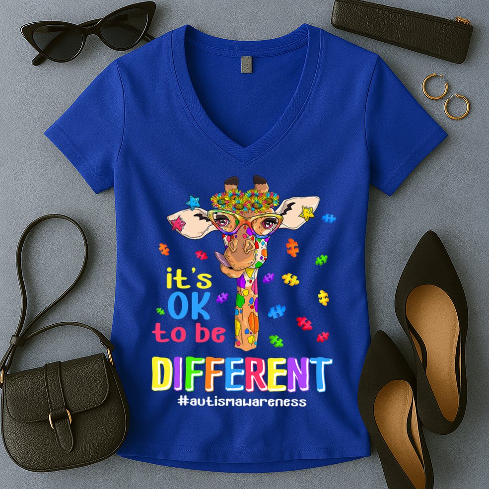 Giraffe It's Ok To Be Different Autism Awareness Acceptance Cute Gift Women's V-Neck T-Shirt