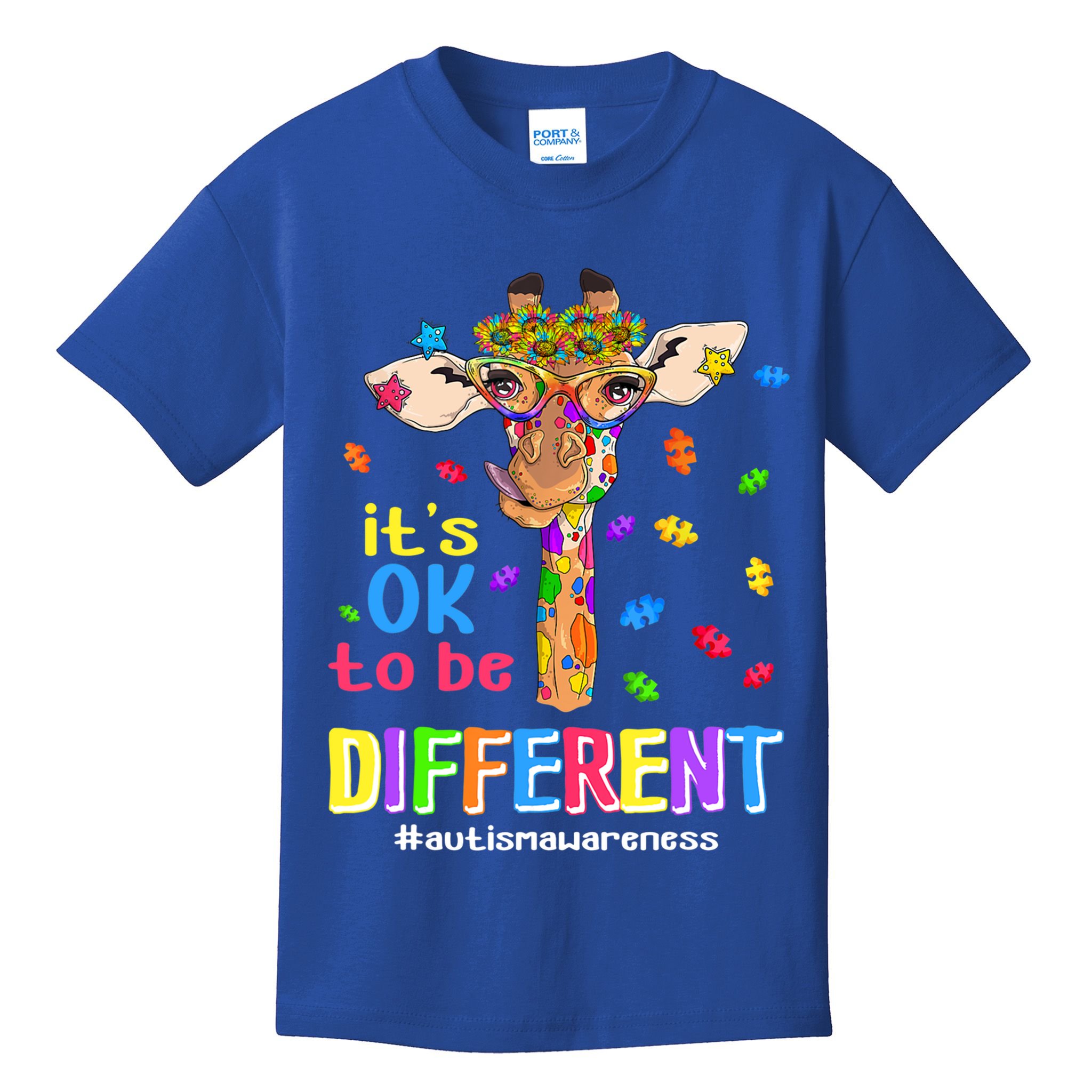 Giraffe It's Ok To Be Different Autism Awareness Acceptance Cute Gift Kids T-Shirt