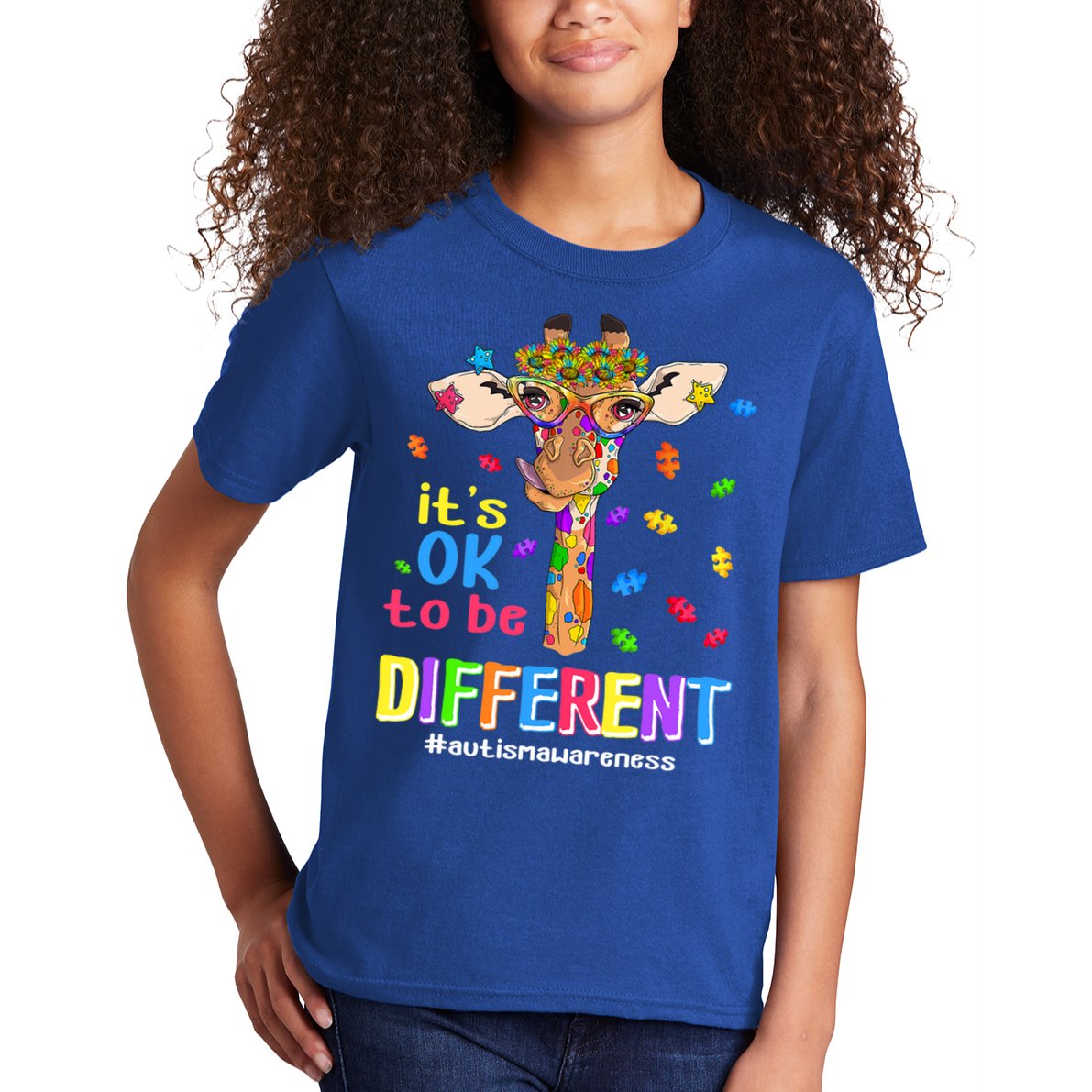 Giraffe It's Ok To Be Different Autism Awareness Acceptance Cute Gift Kids T-Shirt