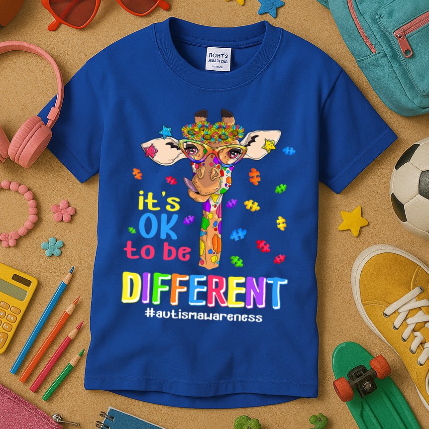 Giraffe It's Ok To Be Different Autism Awareness Acceptance Cute Gift Kids T-Shirt
