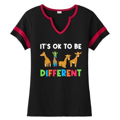 Giraffes Its Ok To Be Different Autism Awareness Giraffe Cute Gift Ladies Halftime Notch Neck Tee