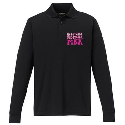 Groovy In October We Wear Pink Breast Cancer Performance Long Sleeve Polo