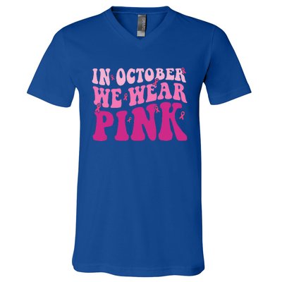 Groovy In October We Wear Pink Breast Cancer V-Neck T-Shirt