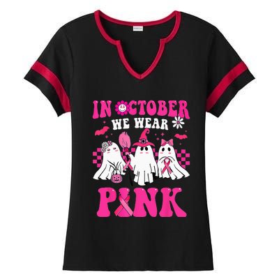 Groovy In October Wear Pink Breast Cancer Warrior Ghost Ladies Halftime Notch Neck Tee