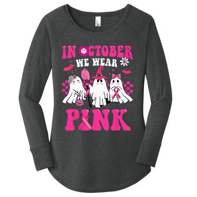 Groovy In October Wear Pink Breast Cancer Warrior Ghost Women's Perfect Tri Tunic Long Sleeve Shirt