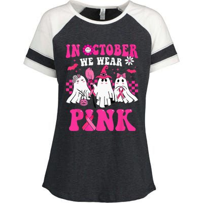 Groovy In October Wear Pink Breast Cancer Warrior Ghost Enza Ladies Jersey Colorblock Tee