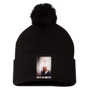 God Is On Our Side President Trump Photo After The Shooting Pom Pom 12in Knit Beanie