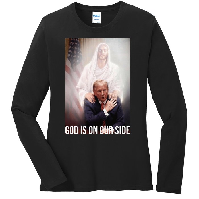 God Is On Our Side President Trump Photo After The Shooting Ladies Long Sleeve Shirt