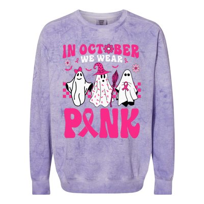 Groovy In October We Wear Pink Ghost Halloween Breast Cancer Colorblast Crewneck Sweatshirt