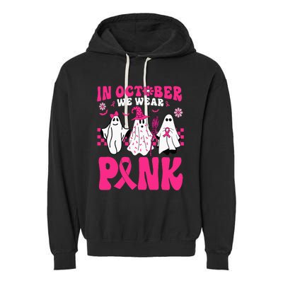 Groovy In October We Wear Pink Ghost Halloween Breast Cancer Garment-Dyed Fleece Hoodie