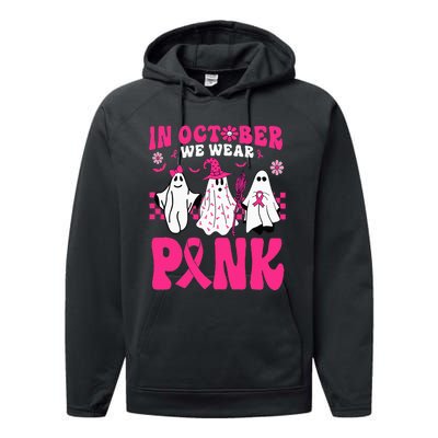 Groovy In October We Wear Pink Ghost Halloween Breast Cancer Performance Fleece Hoodie