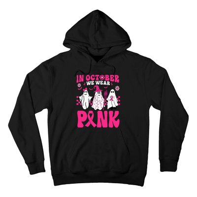 Groovy In October We Wear Pink Ghost Halloween Breast Cancer Hoodie