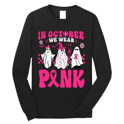 Groovy In October We Wear Pink Ghost Halloween Breast Cancer Long Sleeve Shirt