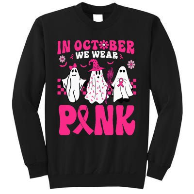 Groovy In October We Wear Pink Ghost Halloween Breast Cancer Sweatshirt