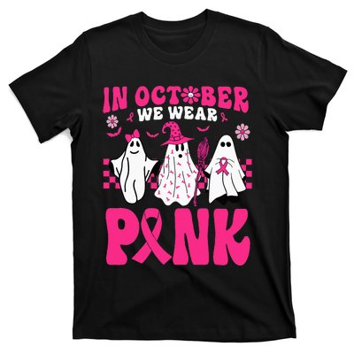 Groovy In October We Wear Pink Ghost Halloween Breast Cancer T-Shirt