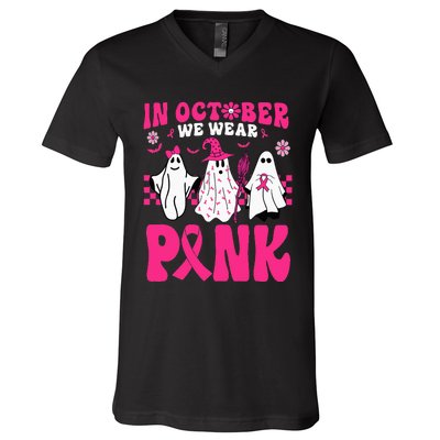 Groovy In October We Wear Pink Ghost Halloween Breast Cancer V-Neck T-Shirt