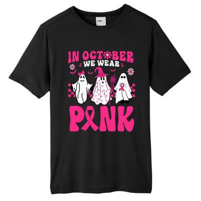 Groovy In October We Wear Pink Ghost Halloween Breast Cancer Tall Fusion ChromaSoft Performance T-Shirt