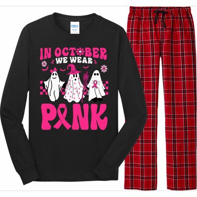 Groovy In October We Wear Pink Ghost Halloween Breast Cancer Long Sleeve Pajama Set