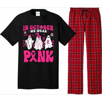 Groovy In October We Wear Pink Ghost Halloween Breast Cancer Pajama Set