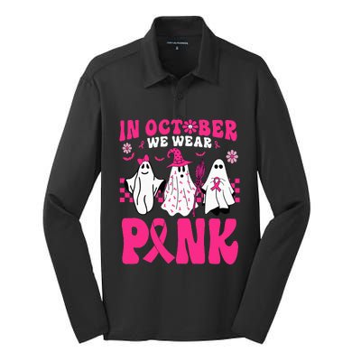 Groovy In October We Wear Pink Ghost Halloween Breast Cancer Silk Touch Performance Long Sleeve Polo